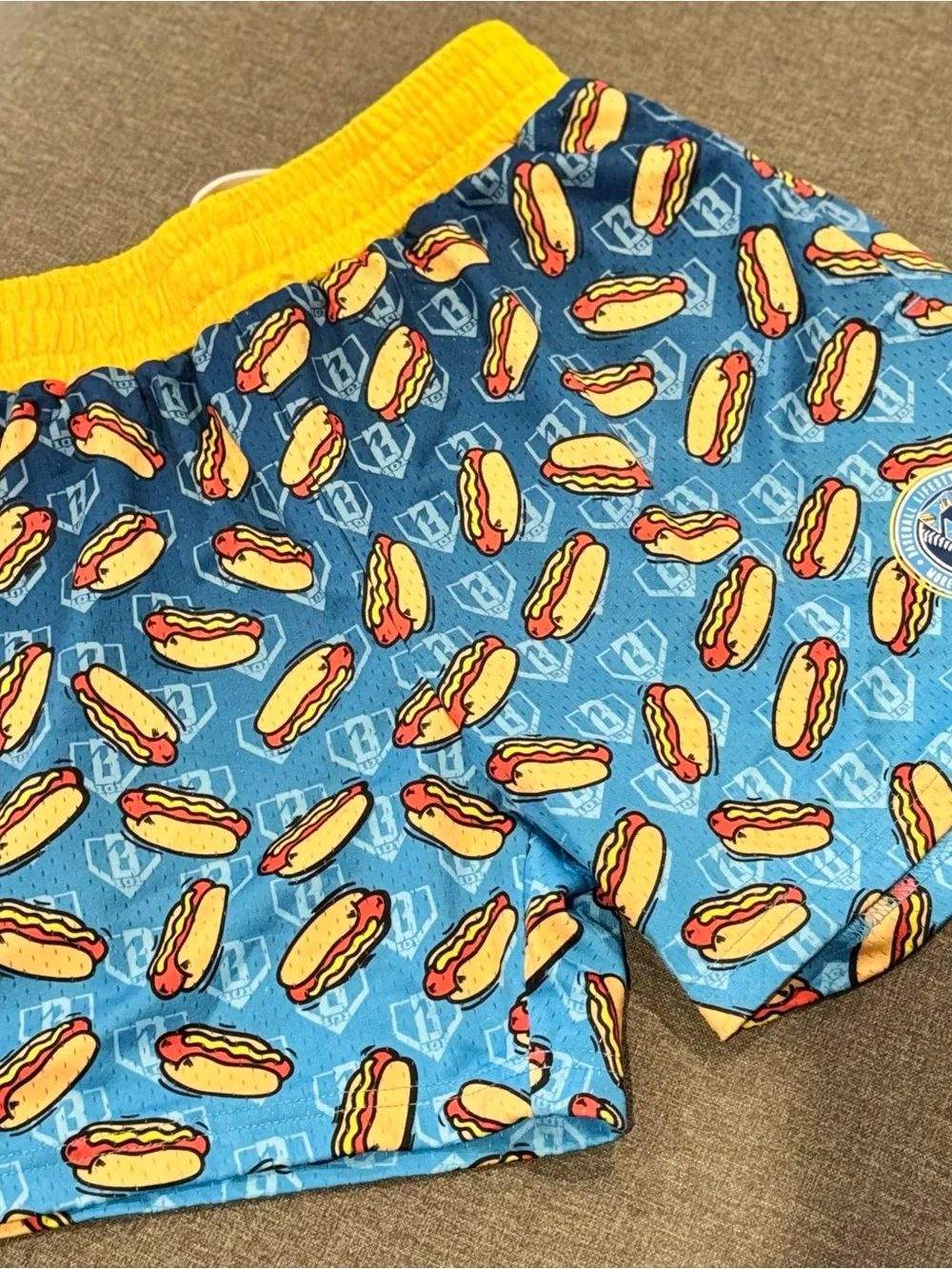 Mens Blue Hot Dog Print Swim Shorts with Yellow Waistband